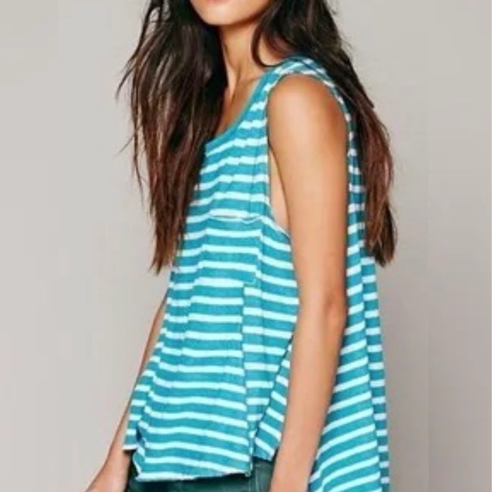 We The Free Trapeze Tank Top Striped Linen Blend XS Aqua & White people New NWT